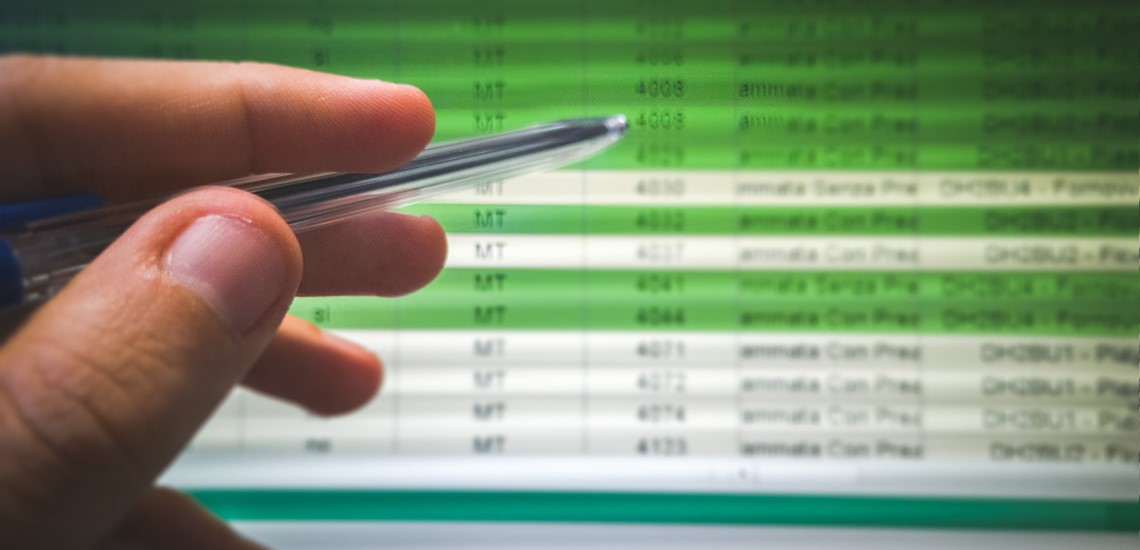 Hand holding a pen looking at an spreadsheet on a computer screen